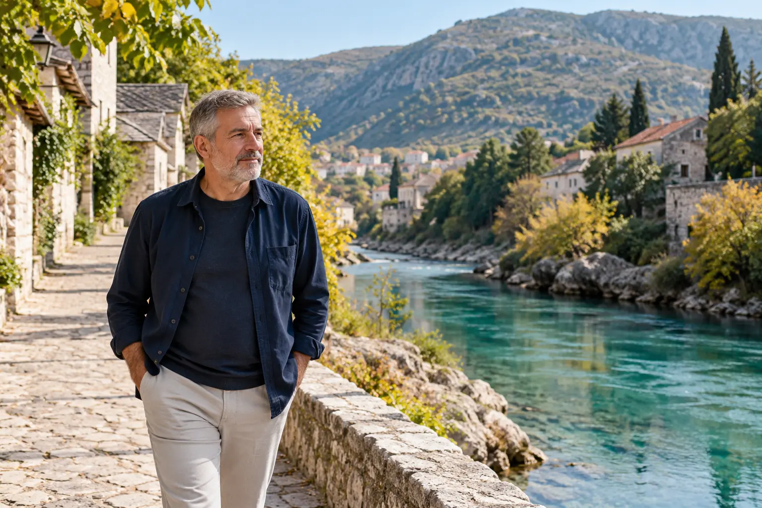 Muškarac šeta uz rijeku u hercegovačkom gradu